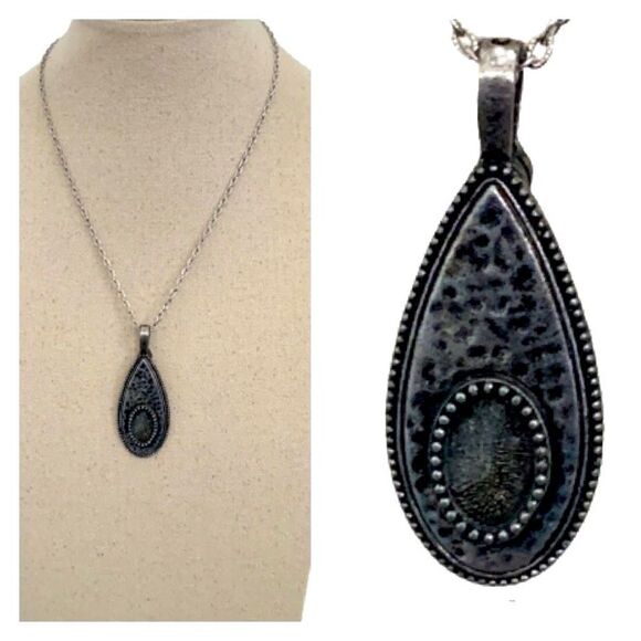 Teardrop Hammered Silver-Tone Handmade Pendant Necklace – Boho Tribal Jewelry - Picture 1 of 8